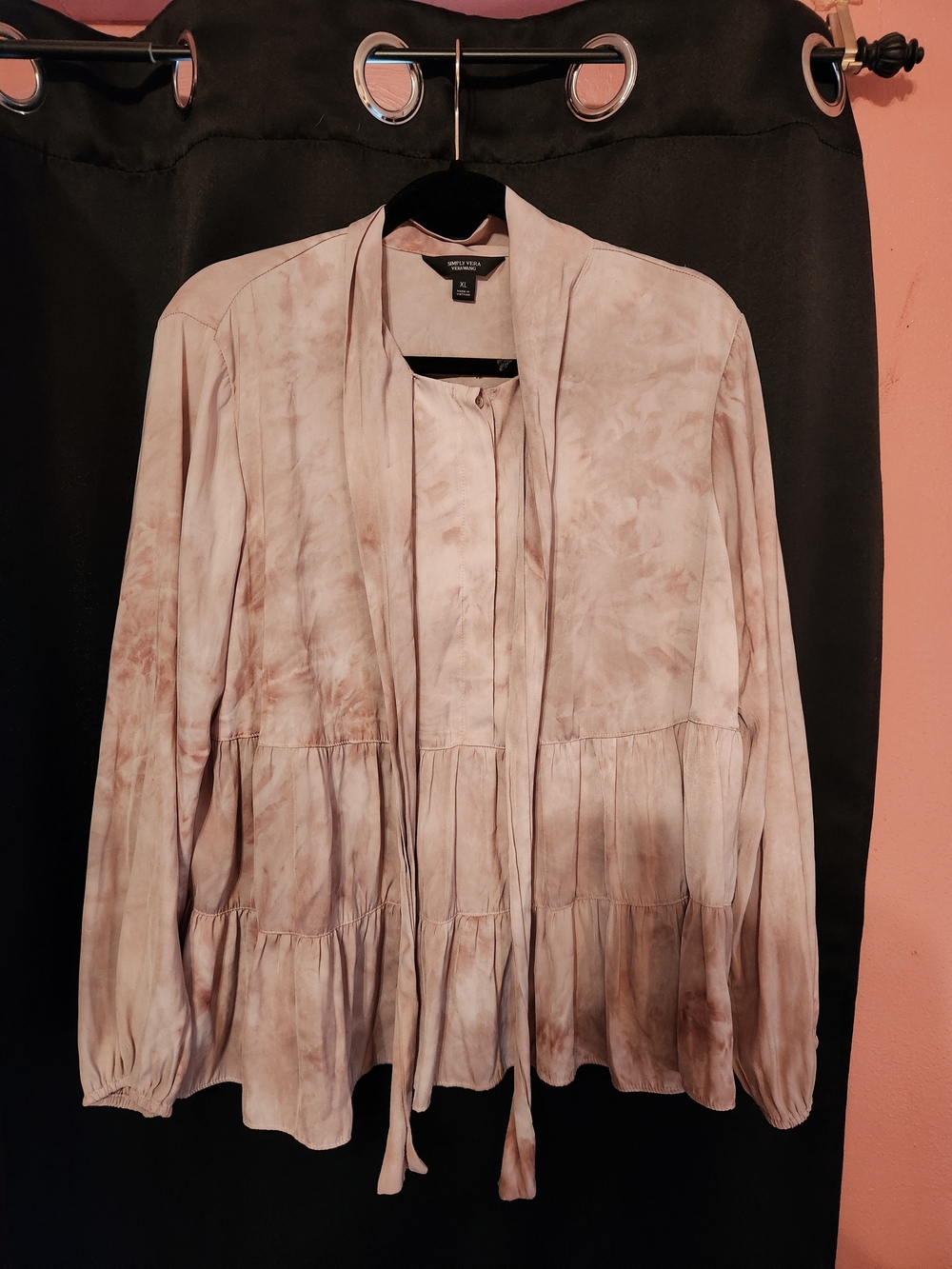 Simply Vera Light Taupe Pink Tie-Neck Peasant Blouse XL